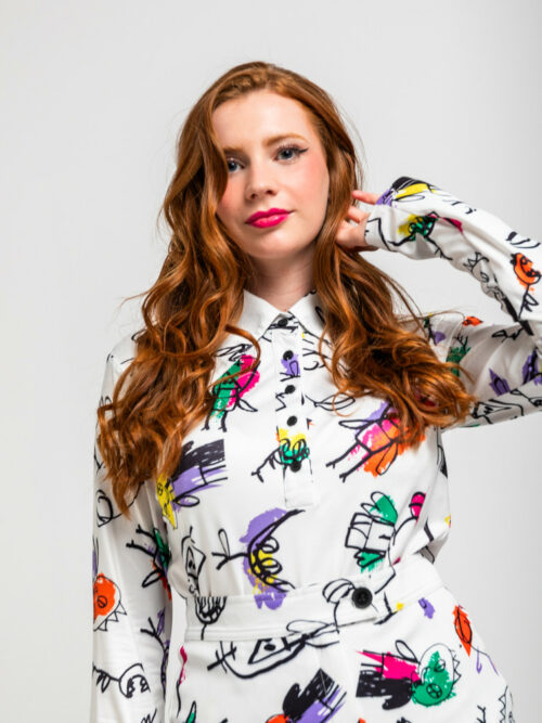 Camiseta Polo Imagine Blanca con Ilustraciones de Colores de Lolina