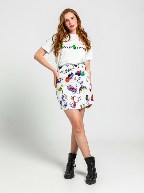 Mini Falda Sixty Blanca con Ilustraciones de Colores de Imagine by Lolina