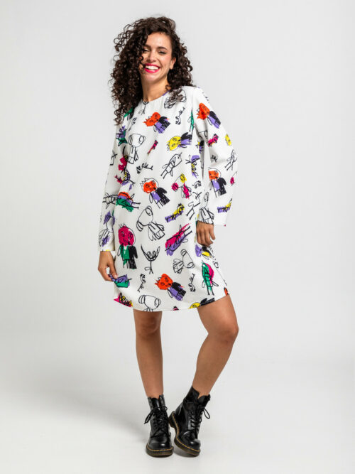 Vestido Recto Cuello Redondo Blanco con Ilustraciones de Colores Colección Imagine de Lolina