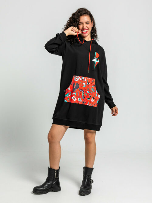 Vestido Sudadera Negro Modelo Canguro con Estampado de Bowie con Rayo y Ojo de Lolina
